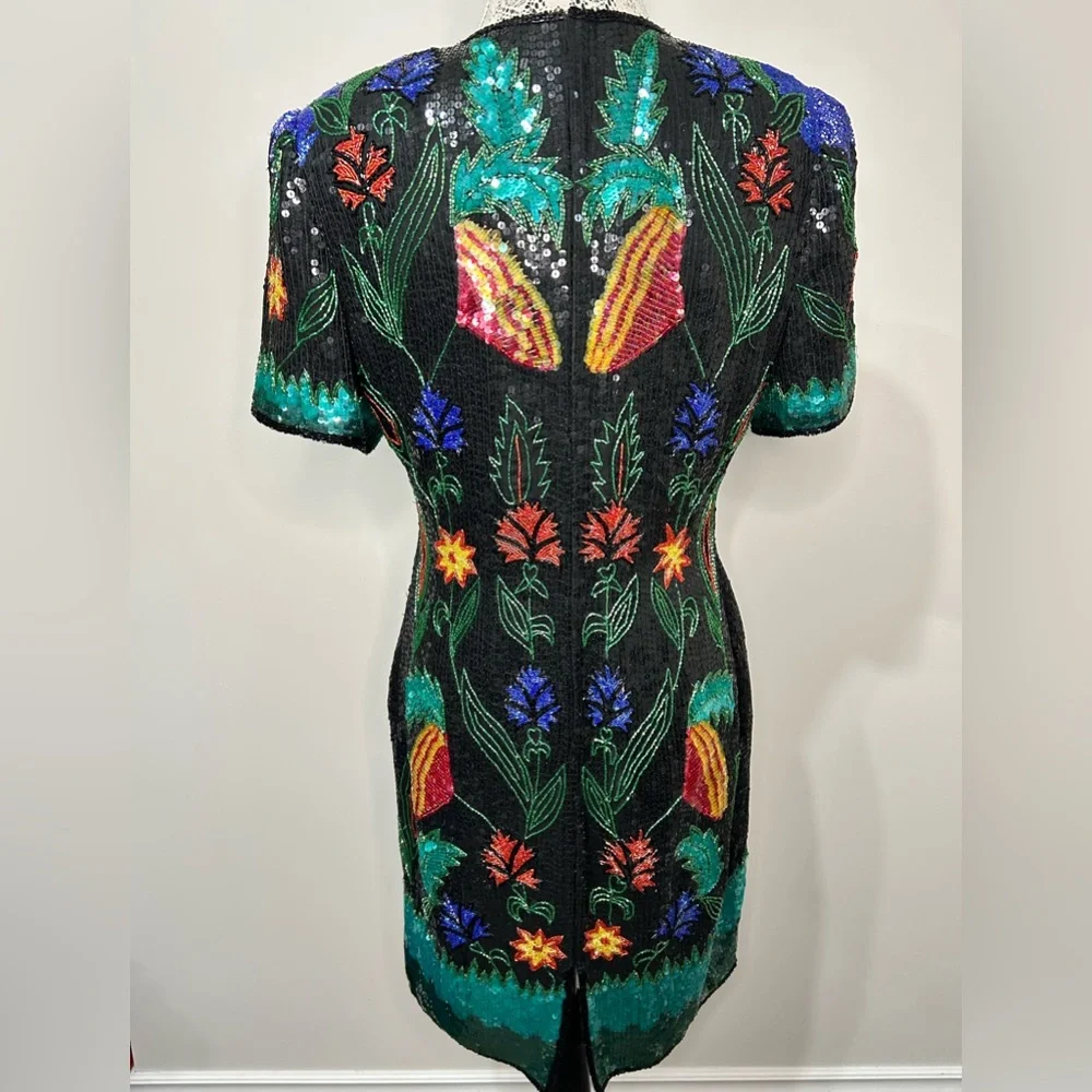 Vintage 80’s silk sequins fully beaded floral design knee length formal dress - Picture 10 of 16